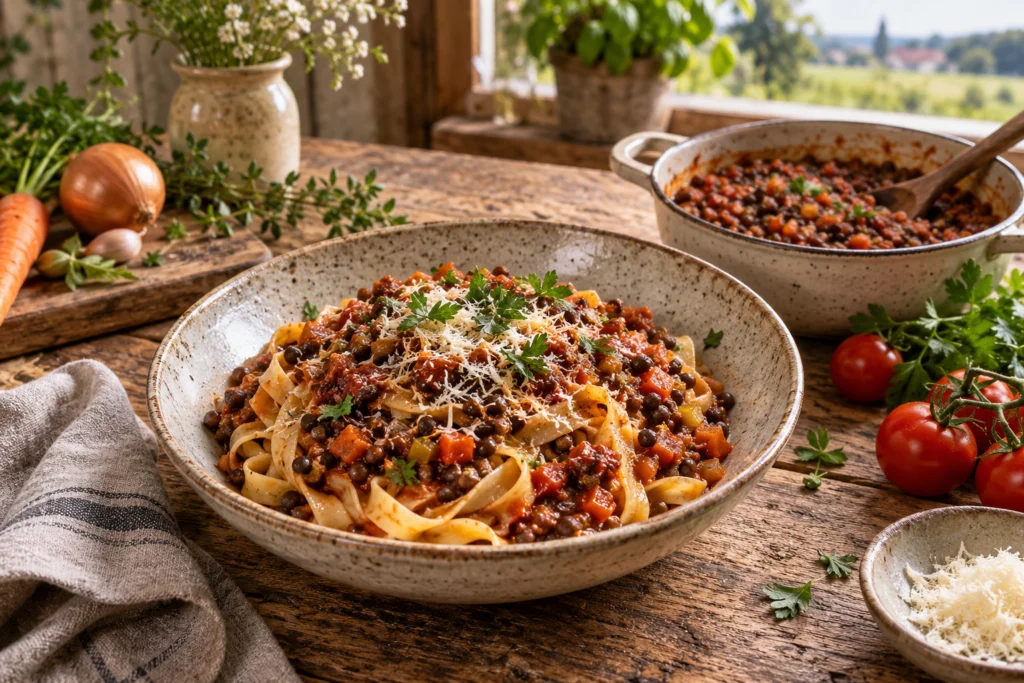 Linsenbolognese mit Zutaten der Hofmanufaktur vom Huttenberg